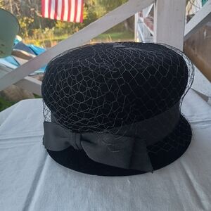 Captivating 1950s-60s Camellia Black Velvet Pillbox Hat w/Veil & Original Box